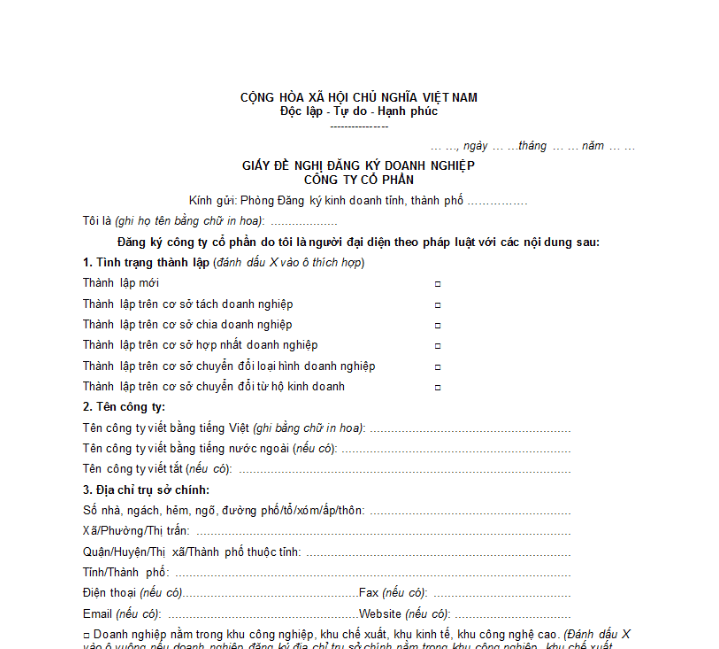 Giấy đề nghị thành lập công ty cô phần